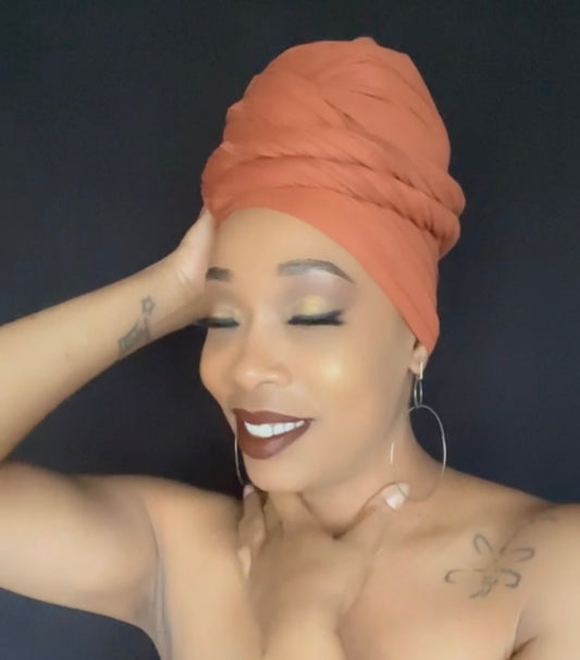 faux suede burnt orange head wrap, soft textured and stretchy